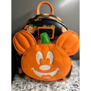 Loungefly Disney Mickey Mouse Pumpkin Halloween Mini Backpack Orange Black